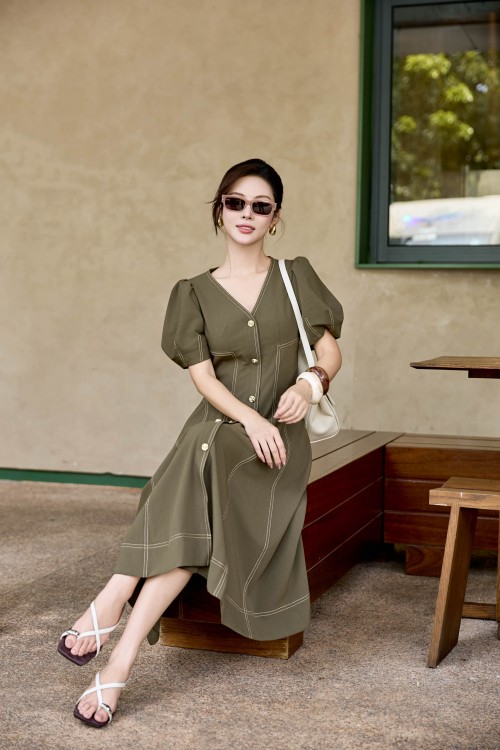 Sixdo Olive Woven Flared Dress